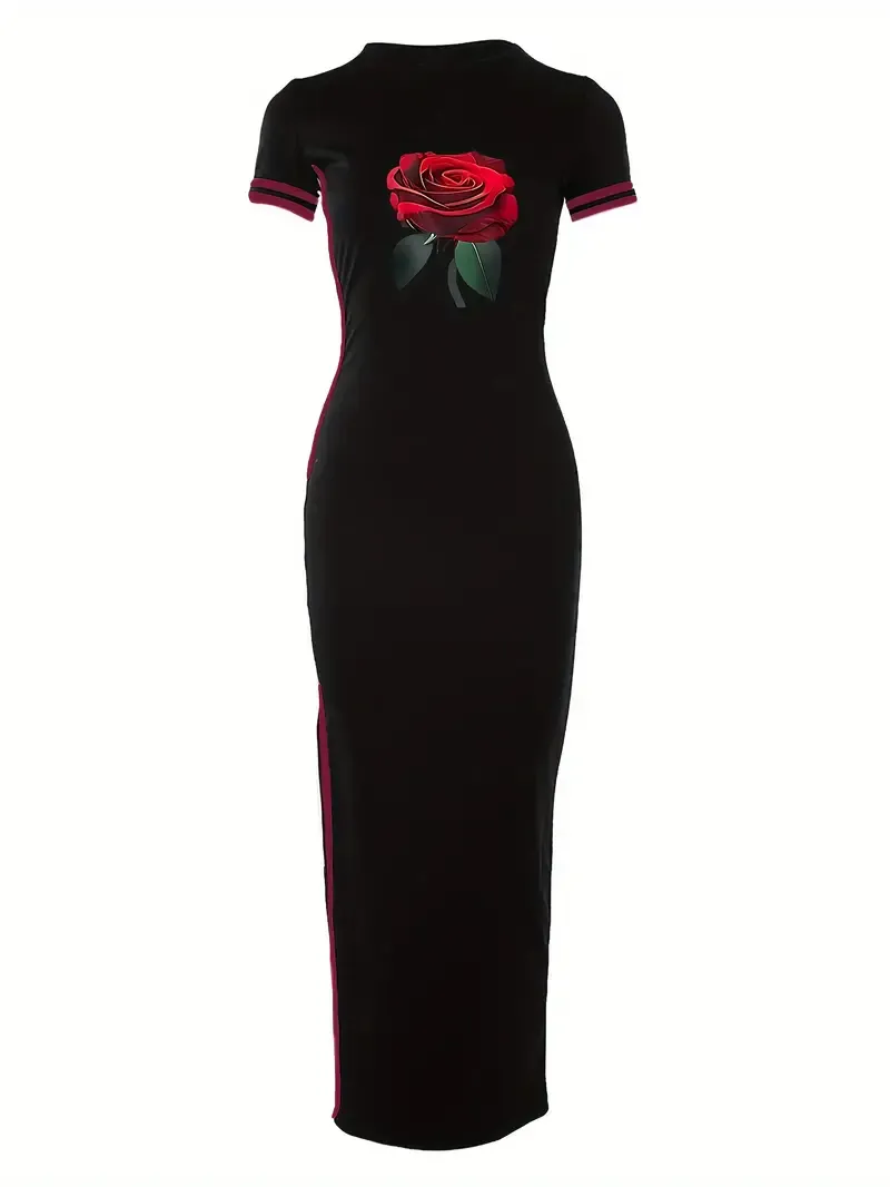 Rose Print Bodycon Dress - Chic Crew Neck