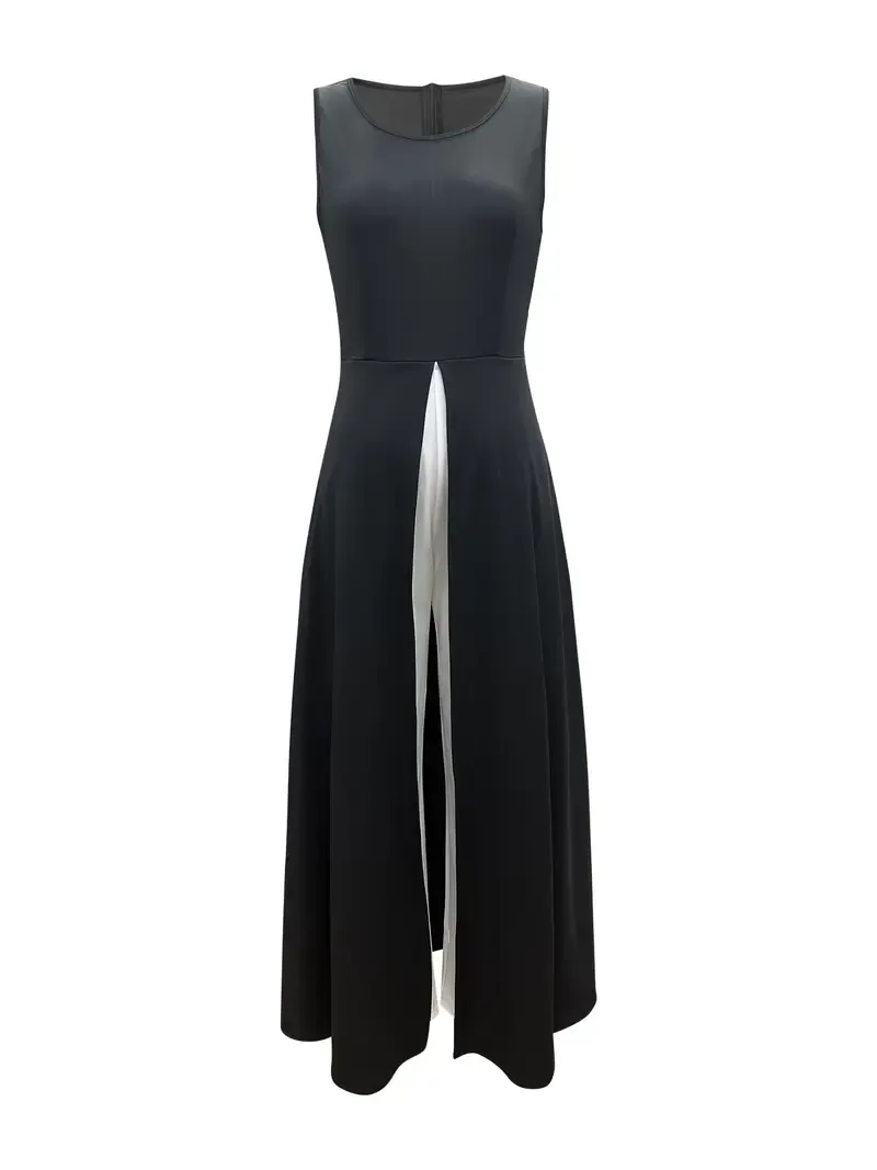 Elegant Sleeveless Spring & Summer Color Block Crew Neck Jumpsuit, Wide Leg Women's Clothing