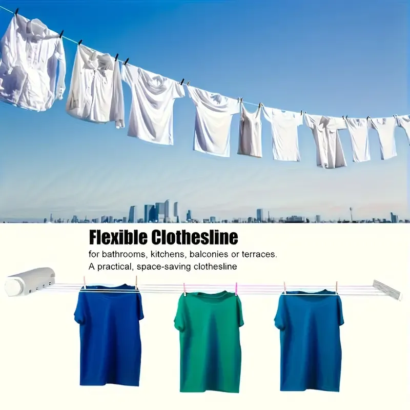 Space-Saving Retractable Clothesline with 5 Adjustable Lines - Wall Mounted, Durable Plastic, Includes Hooks for Hanging, Portable Laundry Rack for Indoor Outdoor Use, Drying Racks