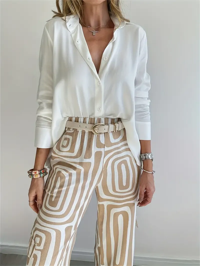 Long Sleeve Striped Print Pantsuits, Elastic Waist Color Block Pants & Button Front Shirt Outfits, Women's Clothing