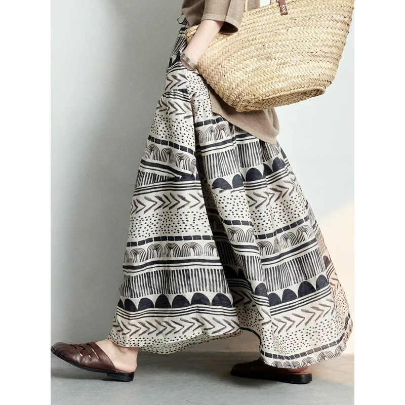 Cotton and linen umbrella-style skirt mid-length dress with lightweight fabric