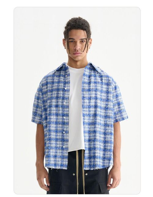 Hipster retro-style fringed checkered shirt, summer fashion piece, loose short-sleeved shirt for men