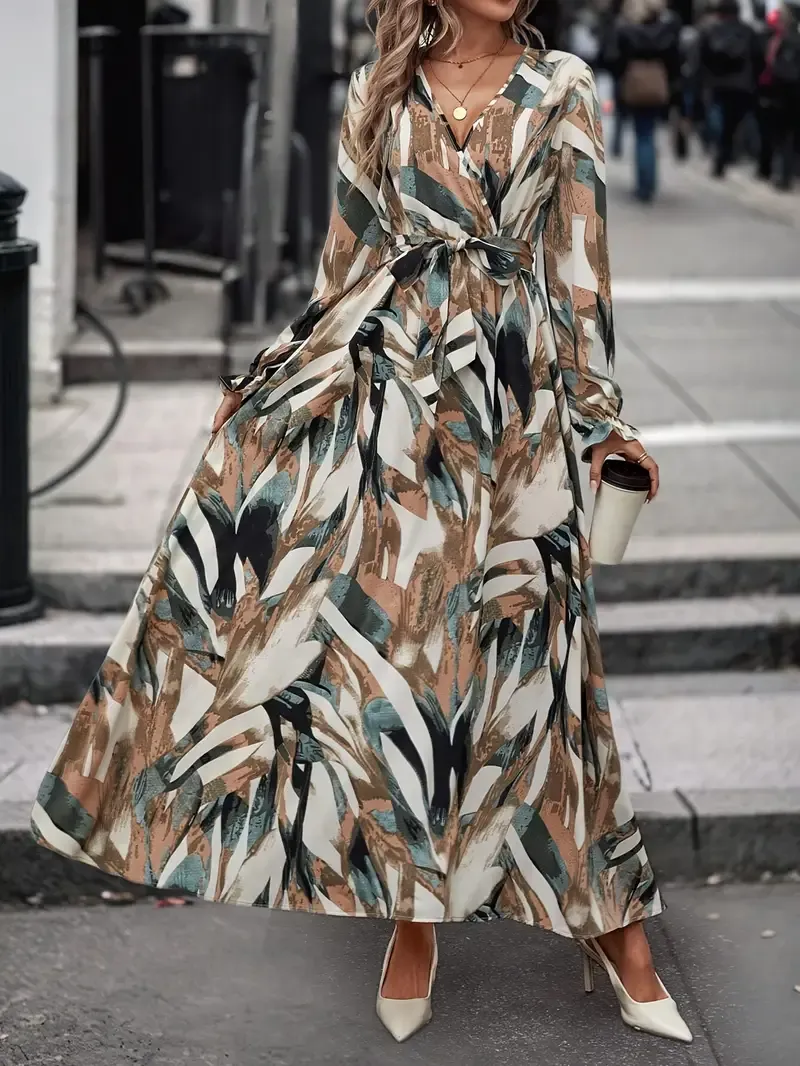 Elegant Geometric Print V-Neck Dress with Belt - Long Sleeve, A-Line, Non-Stretch Polyester, Machine Washable - Women's Fashion for All Seasons