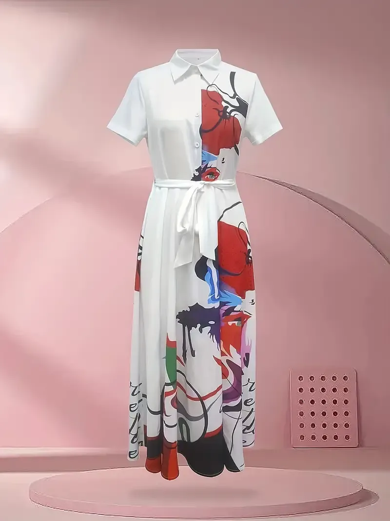 Floral Print Button Front Dress, Casual Short Sleeve Collared Dress, Women's Clothing