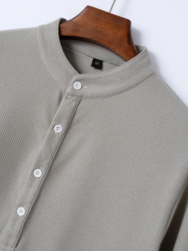 Solid Lapel Shirt, Men's Casual V-Neck Pullover Long Sleeve Shirt For Spring Autumn, Men's Clothing