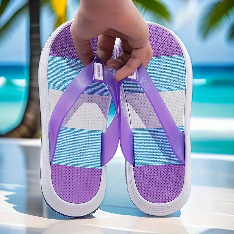 Women's Summer Flip Flops, Soft And Comfortable Thong Sandals, Striped Two-Tone Slippers, Ideal For Beach And Casual Wear
