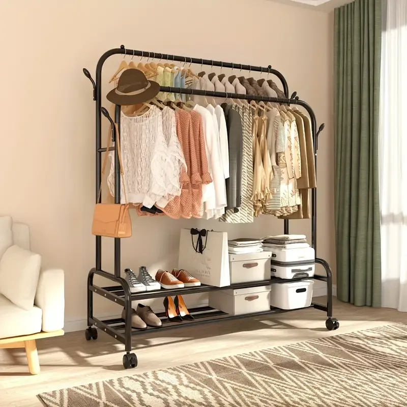 Sturdy Metal Double Rodding Clothes Rack With Wheels