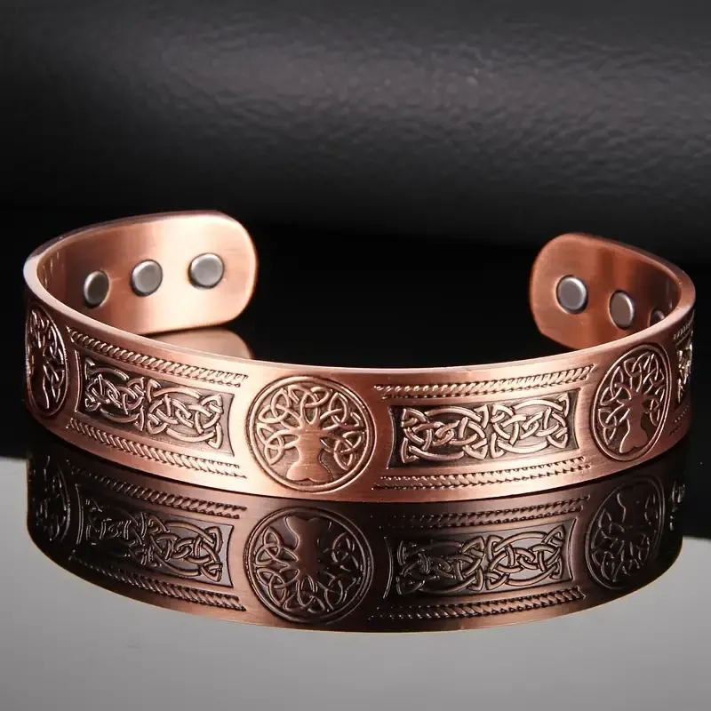1pcs Solid Copper Magnetic Cuff Bangle - Tree Of Life Pattern, Adjustable Size, Ultra Strong Magnets, Gift For Men Women, Mom Dad, Birthday, Christmas, Anniversary, And Everyday Wear