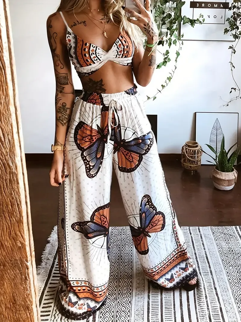 Sexy Butterfly Print Two-piece Set, Backless Crop Halter Top & Wide Leg Pants Outfits, Women's Clothing