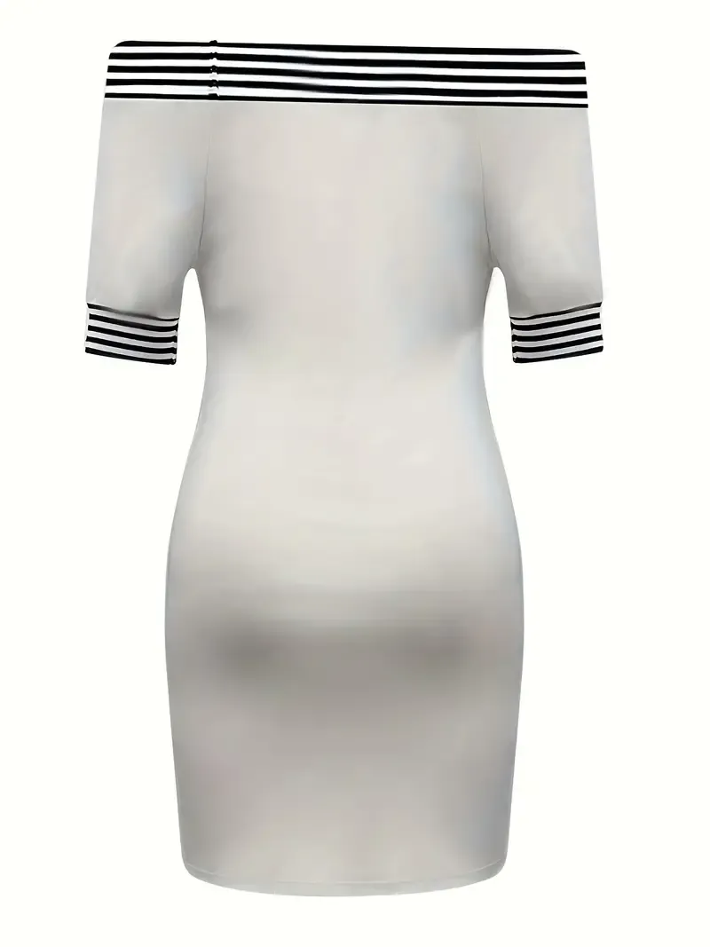 Striped & Figure Print Off Shoulder Dress, Sexy Backless Short Sleeve Dress For Spring & Summer, Women's Clothing