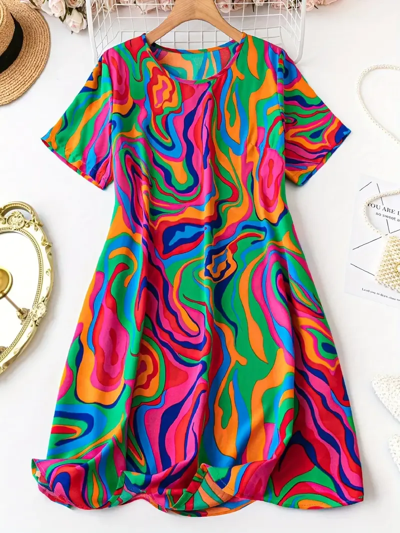 Allover Print Short Sleeve Dress, Casual Crew Neck Dress For Spring & Summer, Women's Clothing