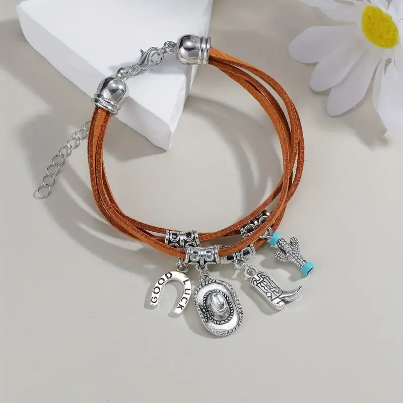 Western Charm Bracelet for Women - Cowboy Hat & Boot Tassel Pendants, Brown Velvet Rope Braided, Multi-Layer Design, Perfect for Casual Attire or Gifting