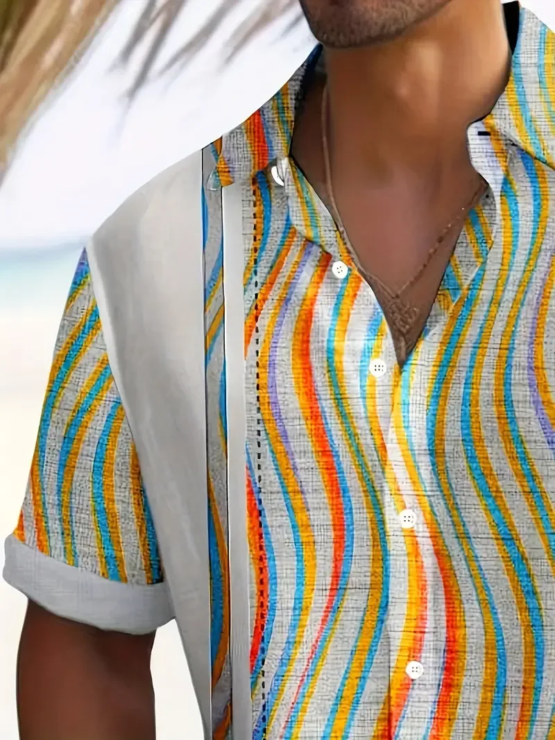 Vintage Rainbow Striped Print Men's Button Up Short Sleeve Shirt – Retro Style Casual Summer Shirt For Outdoor Activities Holiday Leisure Time