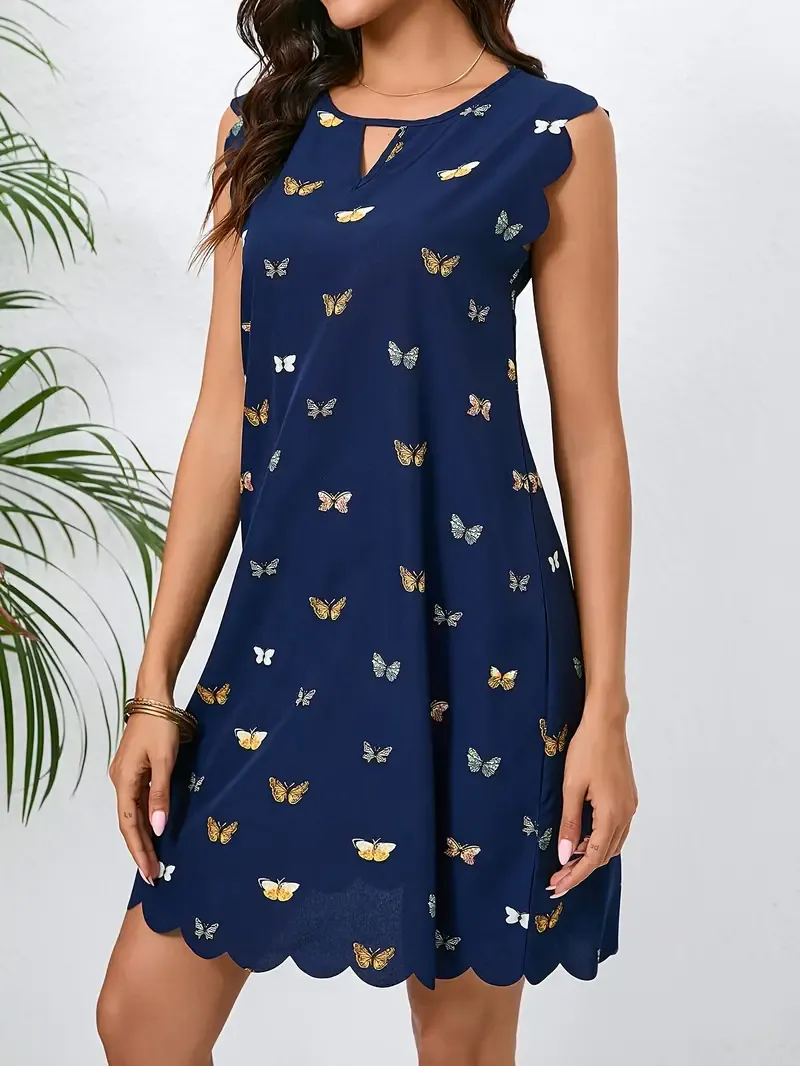 Butterfly Print Scallop Trim Dress, Versatile Cut Out Crew Neck Dress For Spring & Summer, Women's Clothing