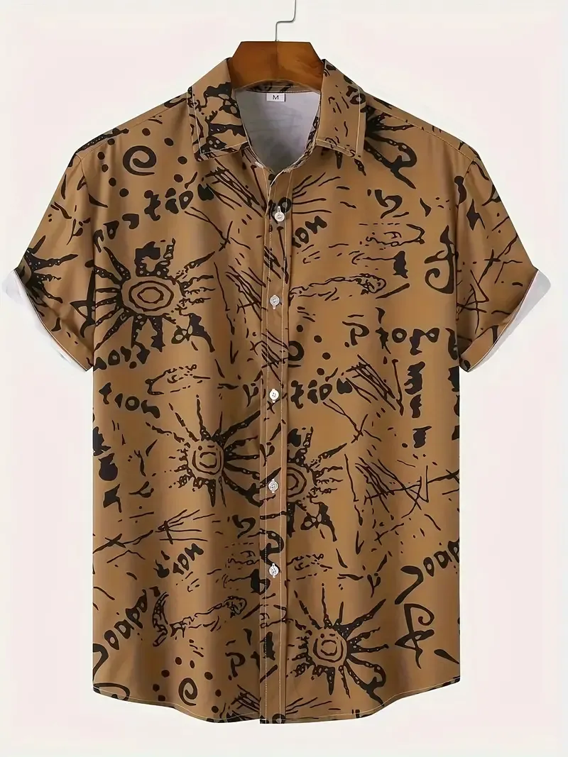 Men's Geometric Print Shirt, Casual Breathable Lapel Button Up Short Sleeve Shirt For Outdoor Activities