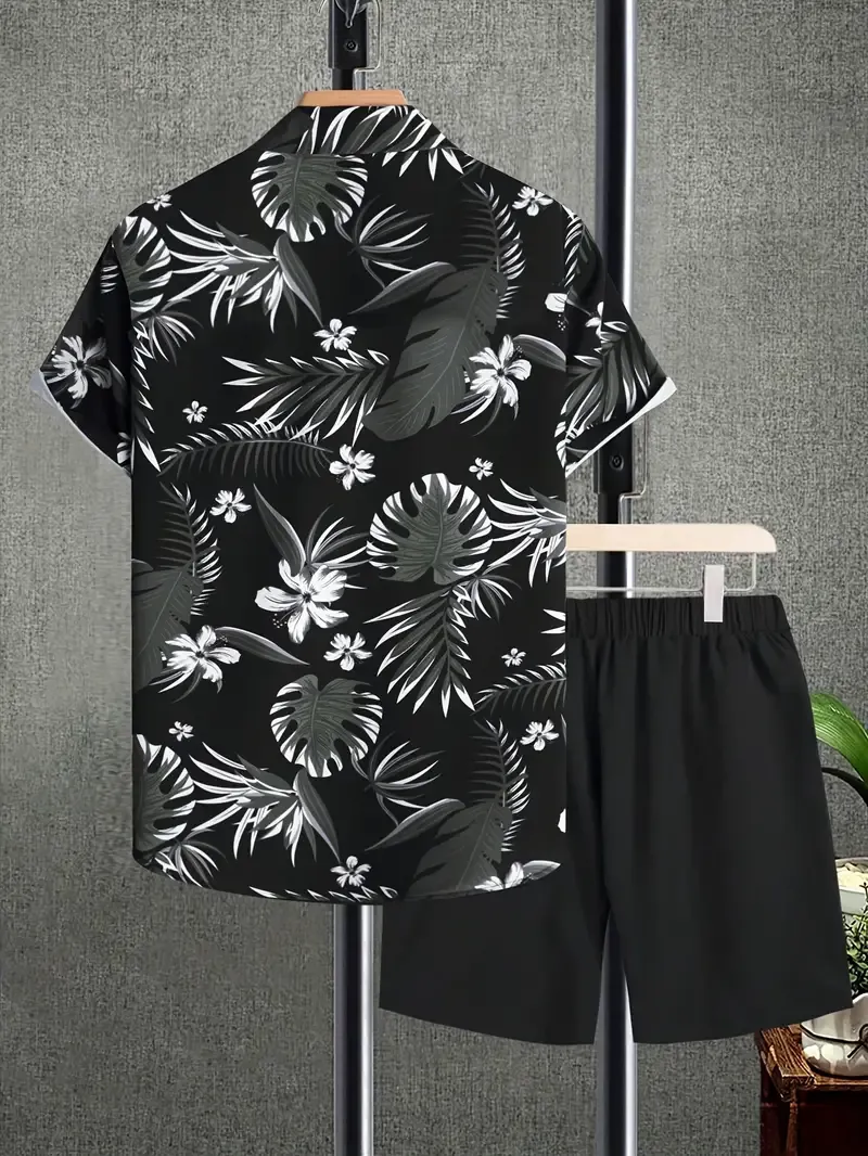 Men's Outfit, Casual Leaves Print Lapel Short Sleeve Button Up Shirt With Chest Pocket & Shorts 2-piece co ord set For Outdoor Activities