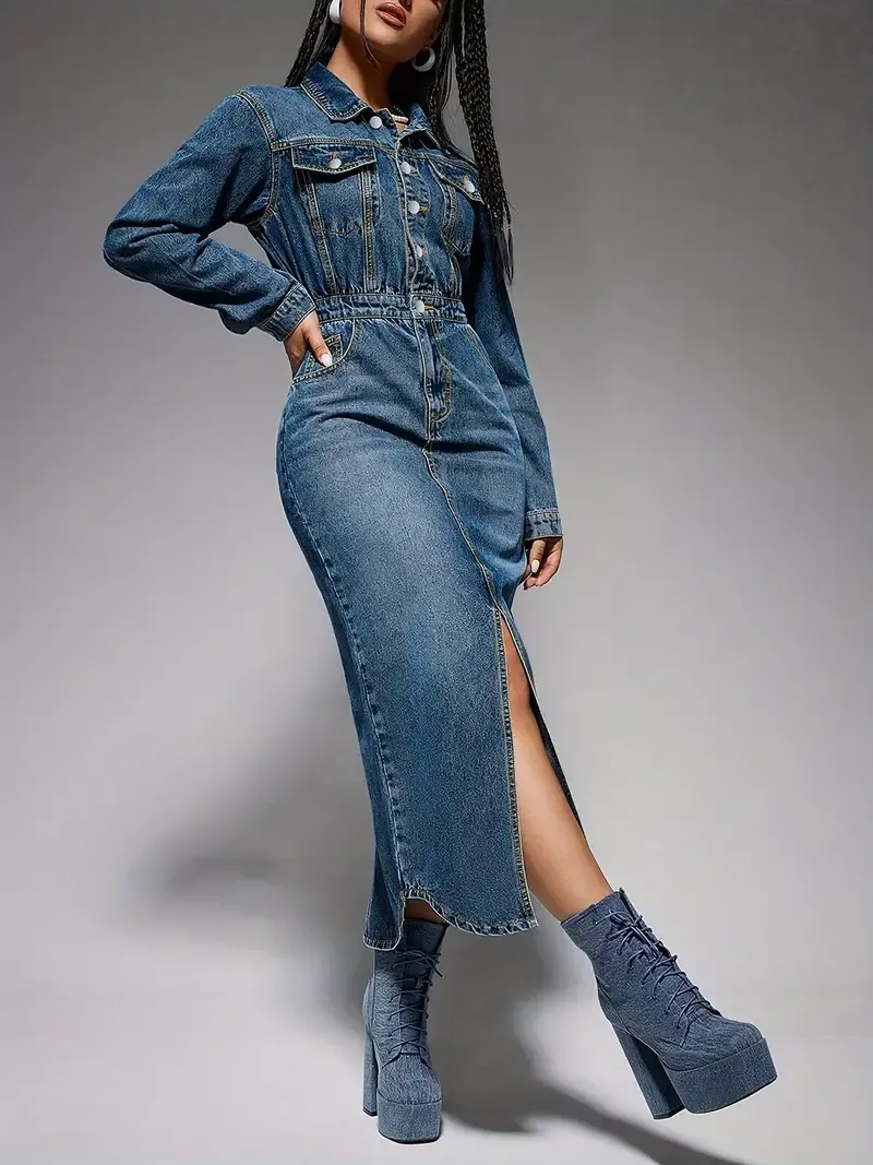 Women's Straight Fit Long Sleeve Denim Dress, Elegant Casual Slim Dress, Women's Clothing & Denim
