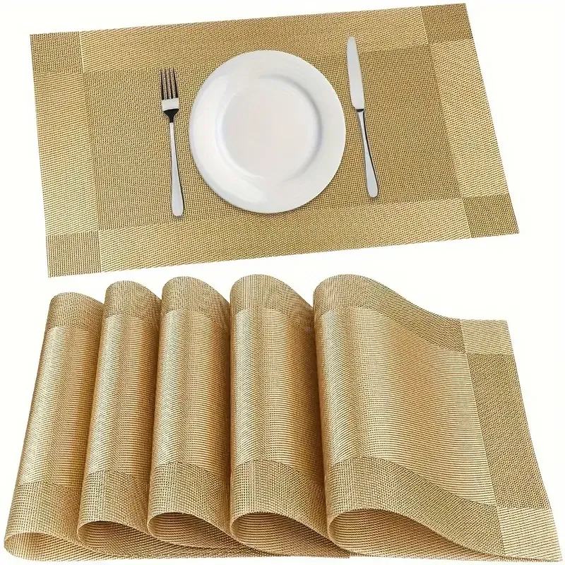 5pcs, Plastic Placemats, Square Golden Table Pads, Nordic Style Solid Color Table Decoration Mat, Coffee Table Pad, Household Bowl Plate Mat, Dining Table Decor, Room Decoration
