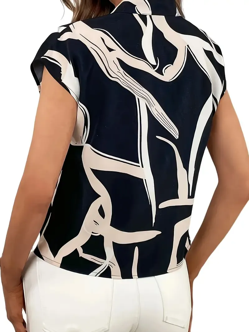 Allover Print V Neck Blouse, Elegant Short Sleeve Tie Front Top For Spring & Summer, Women's Clothing
