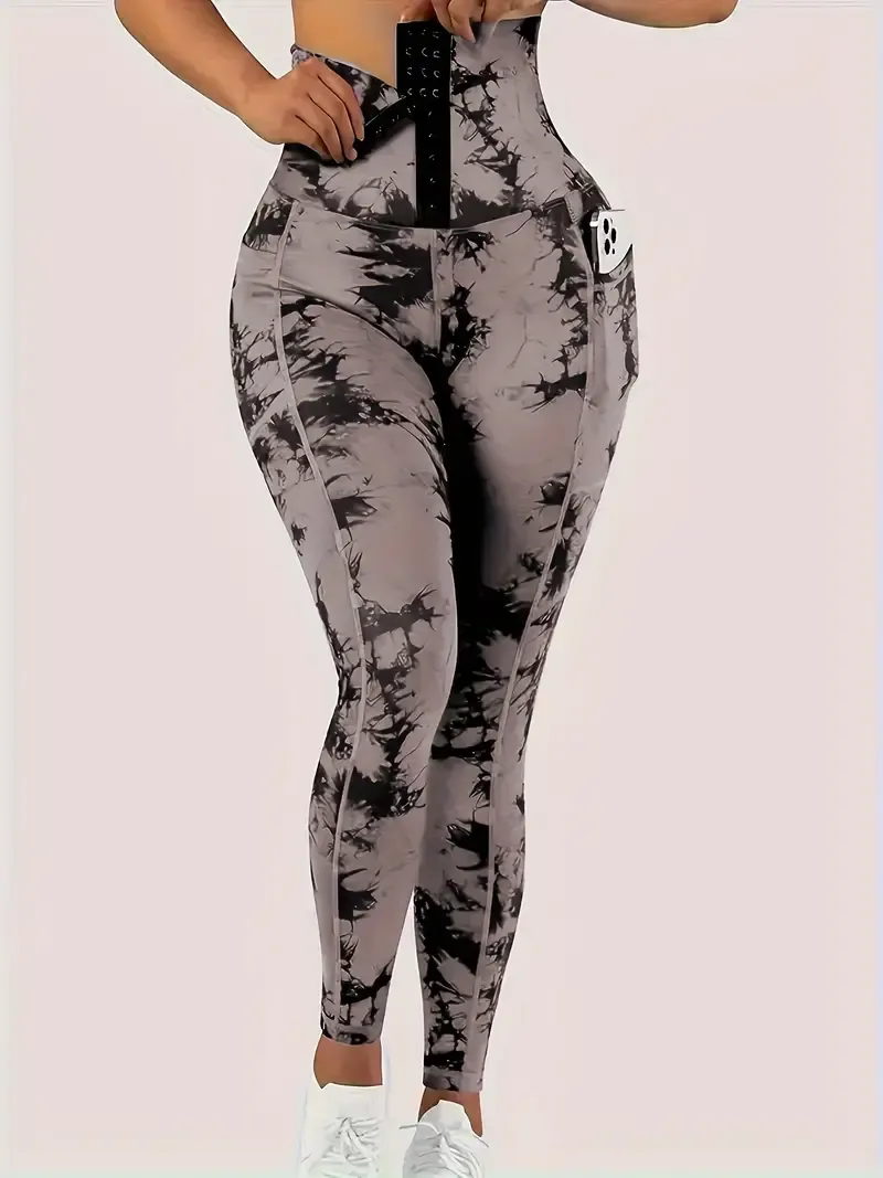 Women's High-Waist Printed Athletic Leggings With Front Buckle For Yoga And Workout - Non-Transparent, High Stretch