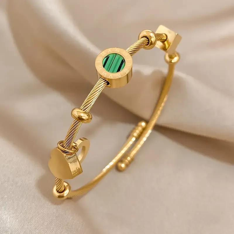 1pc Retro Punk Style Stainless Steel Adjustable Bangle, Golden Color With Elegant Green Stone & Roman Numerals, Trendy Party Daily Wear, Ideal Valentine's Day & Christmas Jewelry Gift For Women