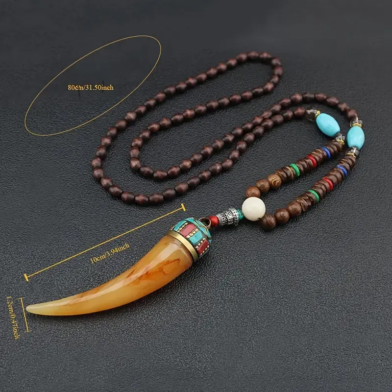 Boho-Chic Handcrafted Wooden Bead Necklace with Large Resin Horn Pendant - Fashion Accessory