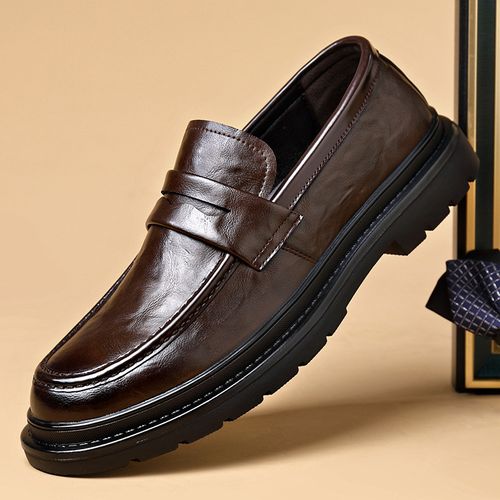 New men's leather shoes, slip-on style, business shoes, wedding shoes, interview shoes, no laces, thick-soled, British casual shoes