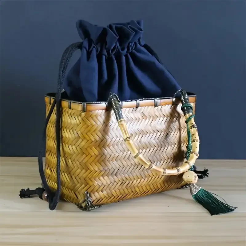 Chic Blue Plaid Handwoven Bamboo Tote - Durable, High-Quality Cotton Lining with Drawstring Closure for Women