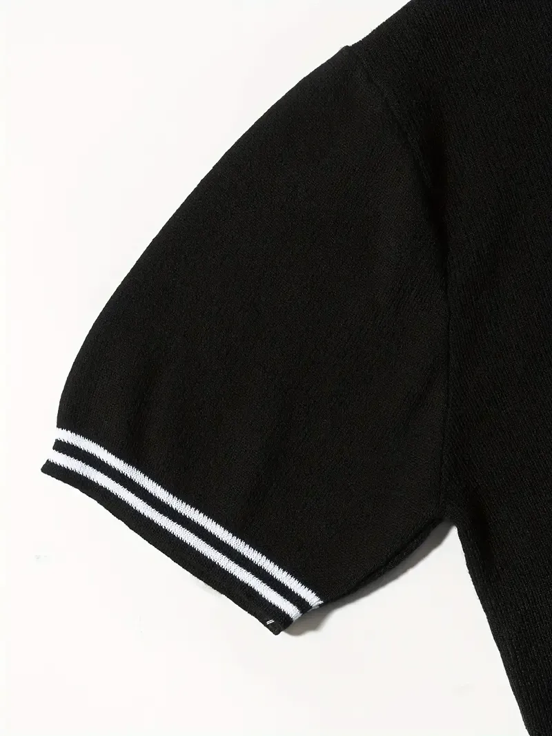 Men's Summer Short Sleeve Lapel Sweater T-shirt, Stripes Pattern Casual Trendy Clothes As Gift