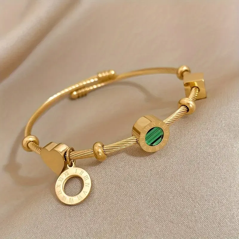 1pc Retro Punk Style Stainless Steel Adjustable Bangle, Golden Color With Elegant Green Stone & Roman Numerals, Trendy Party Daily Wear, Ideal Valentine's Day & Christmas Jewelry Gift For Women