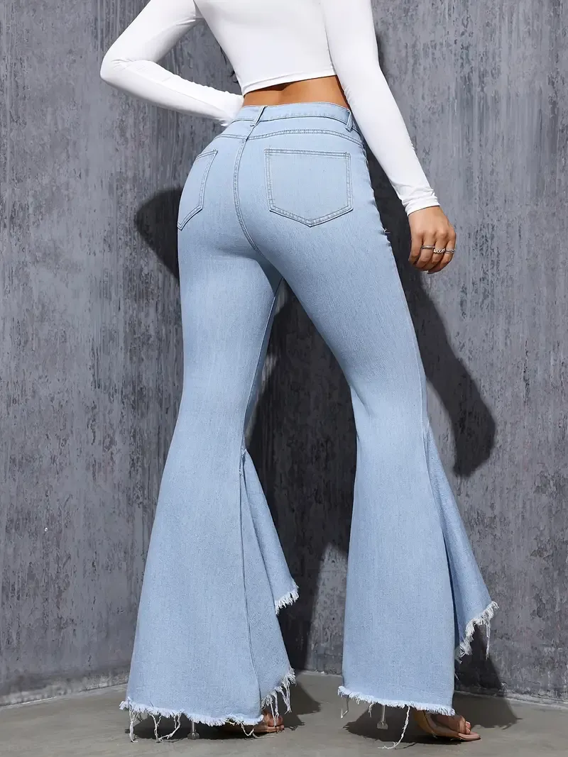 Ripped Raw Hem Flare Leg Bell Bottom Stylish Distressed Plain Washed Blue Elegant Jeans Denim Pants, Women's Denim Jeans & Clothing For Autumn