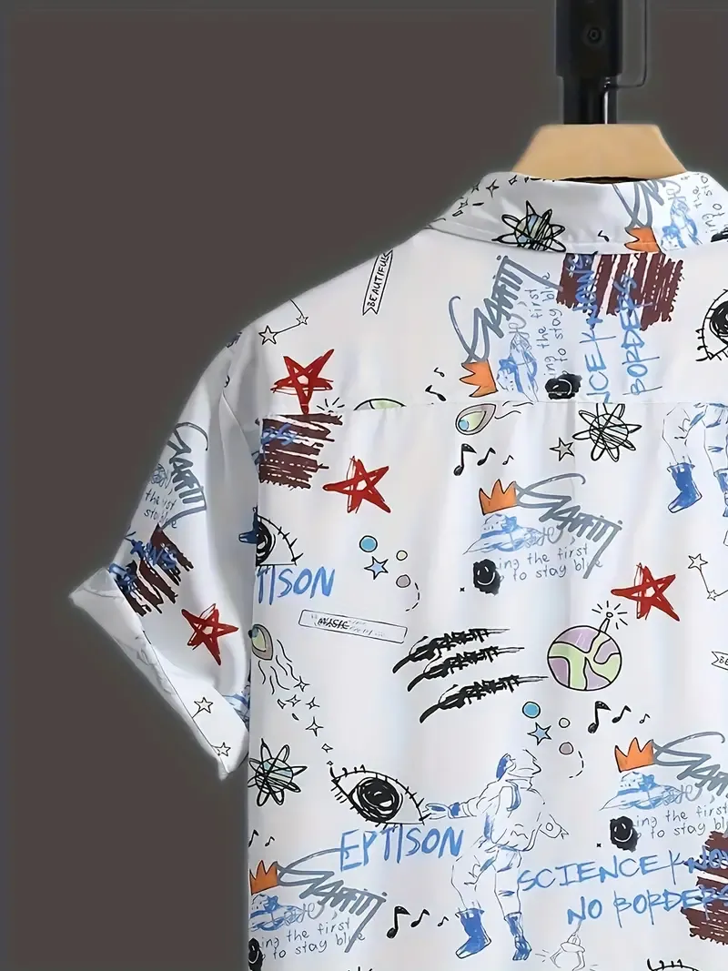 Men's Cartoon Graphic Allover Print Short Sleeve Lapel Shirt Top, Male Casual Button Up Shirt For Daily And Vacation Resorts Beach