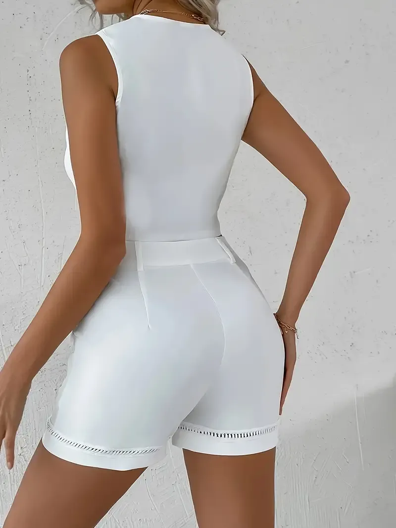High Waist Hollow Design Solid Casual Shorts Set, Sleeveless V Neck Button Front Vest & Slant Pocket Outfits, Women's Clothing