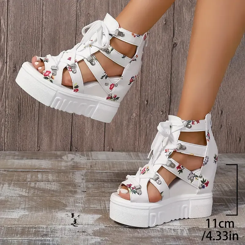 Women's Floral Vintage Sandals, Back Zipper Platform Hollow Lace Up Shoes, Summer Breathable Wedge Holiday Shoes