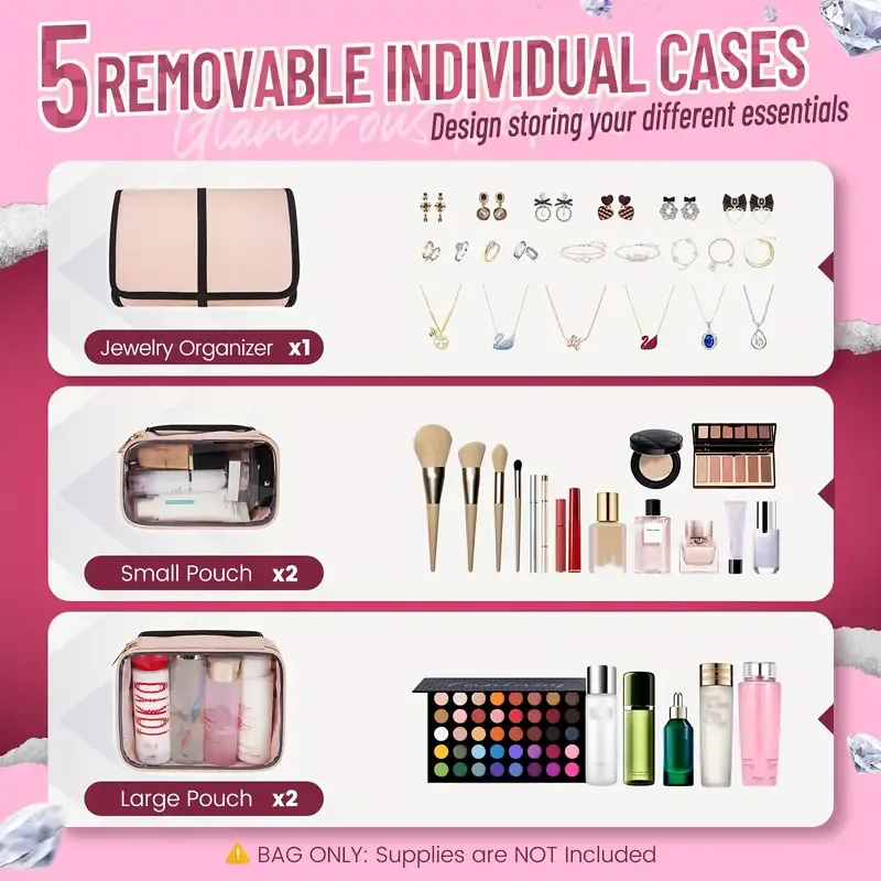 Large Travel Makeup Bag with 4 Removable Compartments & Jewelry Pouch, Pink, Elegant Polyester Travel Organizer for Women's Cosmetics, Hair Tools, and Accessories