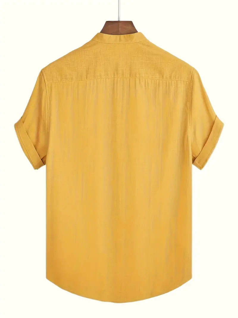 Plus Size Men's Solid Short Sleeve Shirt For Summer, Casual Trendy Band Collar Shirt For Males