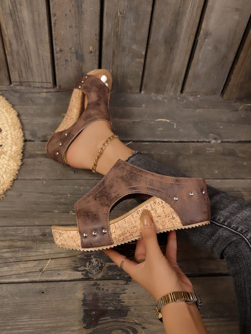 Large size temperament new style women's wedge heel fish mouth thick bottom rivet sandals women's shoes