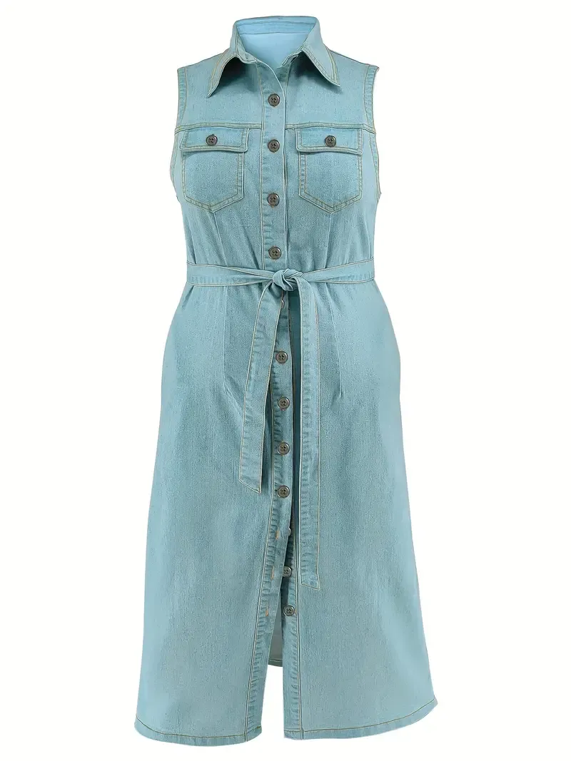 breasted Sleeveless Maxi Denim Dress