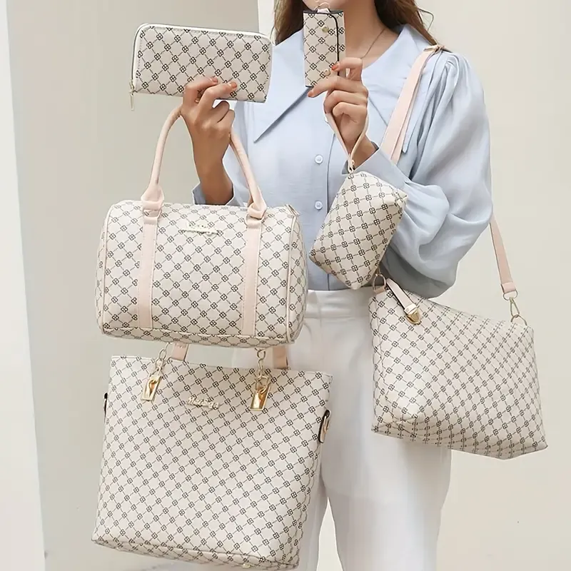 6pcss set Designer Brand Inspired PU Leather Keychain Wallet, Wristlet, Handbag, Crossbody Bag, Tote Bag, Duffle Bag Set