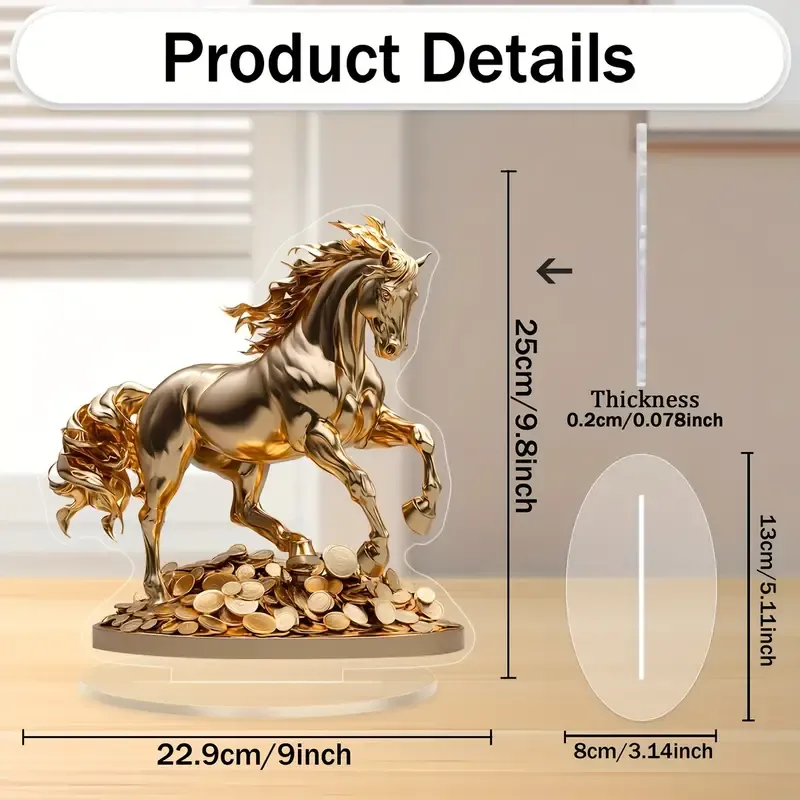 1pc, Golden Horse on Coins Acrylic Desk Stand, Festive Animal Figurine, Multi Purpose Family Gift Sign, Home and Office Bedroom Decor, With Base, for Valentine's, Easter, Christmas,  No Power Required, Clamp Attachment