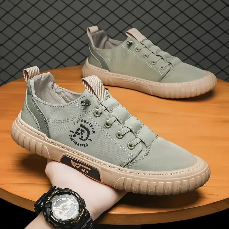 Men's Solid Color Low Top Sneakers, Comfy Non Slip Soft Sole Lace Up Durable Walking Shoes For Men's Outdoor Activities
