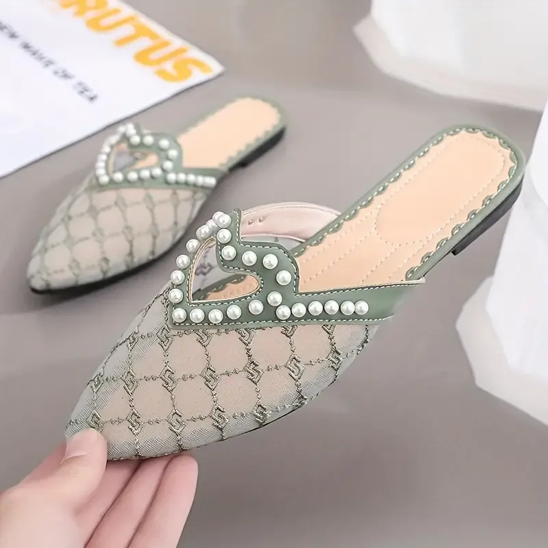 Women's Faux Pearl Decor Mules, Elegant Heart Hollow Mesh Pointed Toe Slide Shoes, Fashion Slip On All-Match Slide Sandals