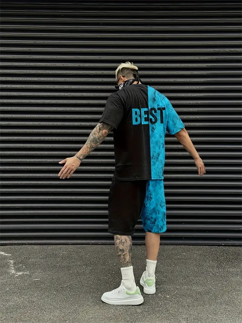 Men's Funny Cup Pattern Graphic Print T-shirt & Shorts Set For Summer, Contrast Color 2Pcs Outfits