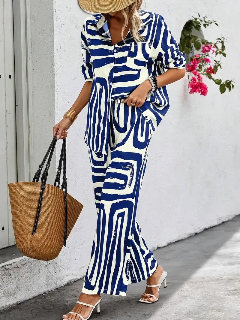 Women's Casual Striped Two-pcs Set: Drop Shoulder Long Sleeve Shirt & Tie-Waist Pants - Polyester, Machine Washable
