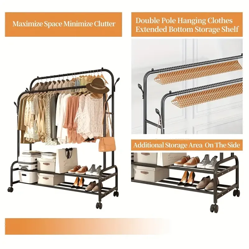 Sturdy Metal Double Rodding Clothes Rack With Wheels