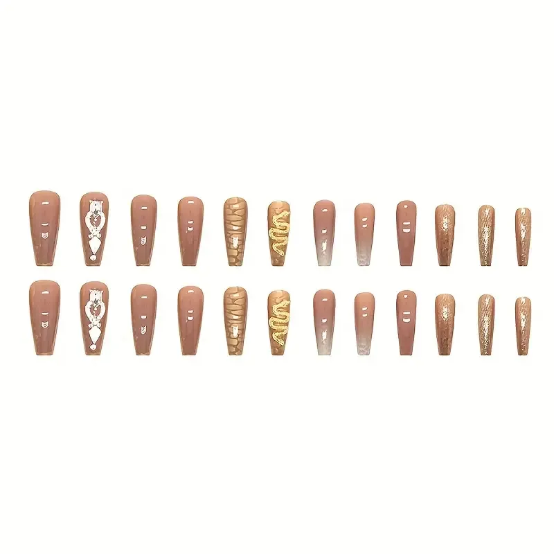24pcs Fall Winter Brown Fake Nails, 3D Snake Shape Rhinestone Press On Nails With Design, Golden Foil Glue On Nails, Full Cover Extra Long Coffin False Nails For Women And Girls