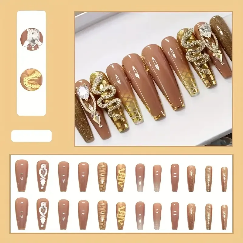 24pcs Fall Winter Brown Fake Nails, 3D Snake Shape Rhinestone Press On Nails With Design, Golden Foil Glue On Nails, Full Cover Extra Long Coffin False Nails For Women And Girls