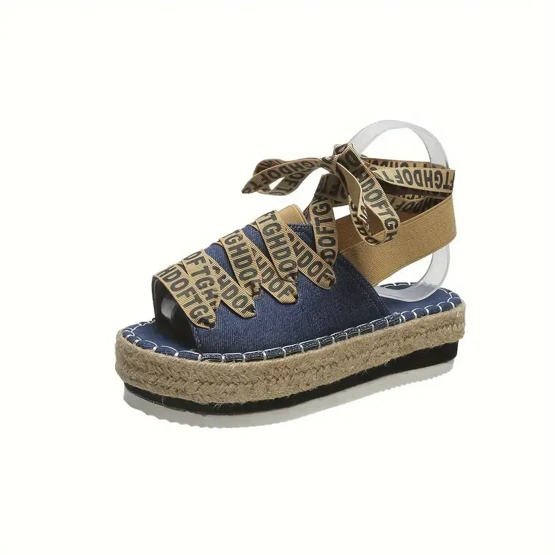 Women's Letter Print Platform Sandals, Casual Open Toe Summer Shoes, Comfortable Lace Up Sandals