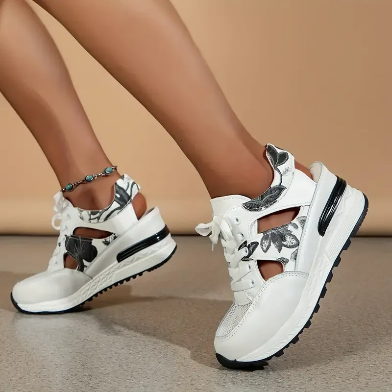 Thick Soled Leaf Embroidered Women's Wedge Sandals, Lace Up Mesh Sports Comfort Casual Sneakers