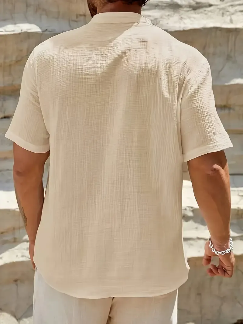 Men's Solid Cotton Short Sleeve Henley Shirt Top, Male Casual Half Button Up Shirt For Daily And Vacation Resorts Beach